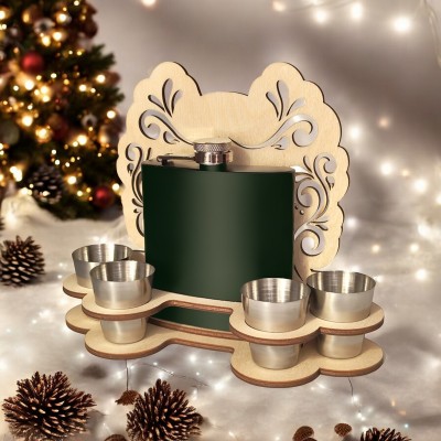 Set Cadou Pahare si Sticla de buzunar Personalizata Inox Verde 200ml Cum Vrei Tu