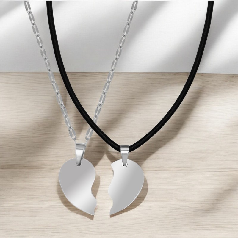 Set Coliere Personalizate Jumatati Inima Inox Argintiu Piele Cum Vrei Tu
