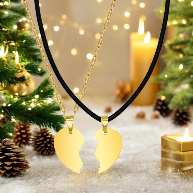Set Coliere Personalizate Jumatati Inima Inox Auriu Piele Cum Vrei Tu