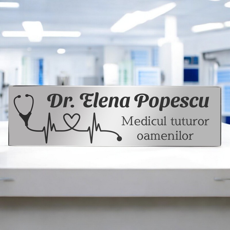                  Ecuson Personalizat Inox Argintiu Nume Doctor Stetoscop
               