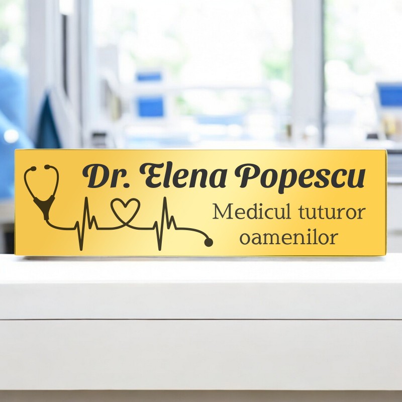 Ecuson Personalizat Inox Auriu Nume Doctor Stetoscop