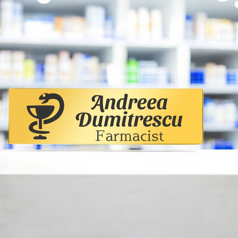 Ecuson Personalizat Inox Auriu Nume Farmacist