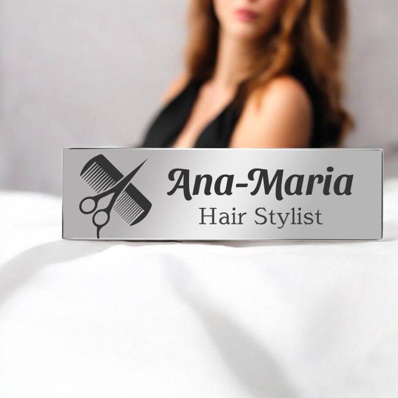                 Ecuson Personalizat Inox Argintiu Nume Hair Stylist Frizerie
               