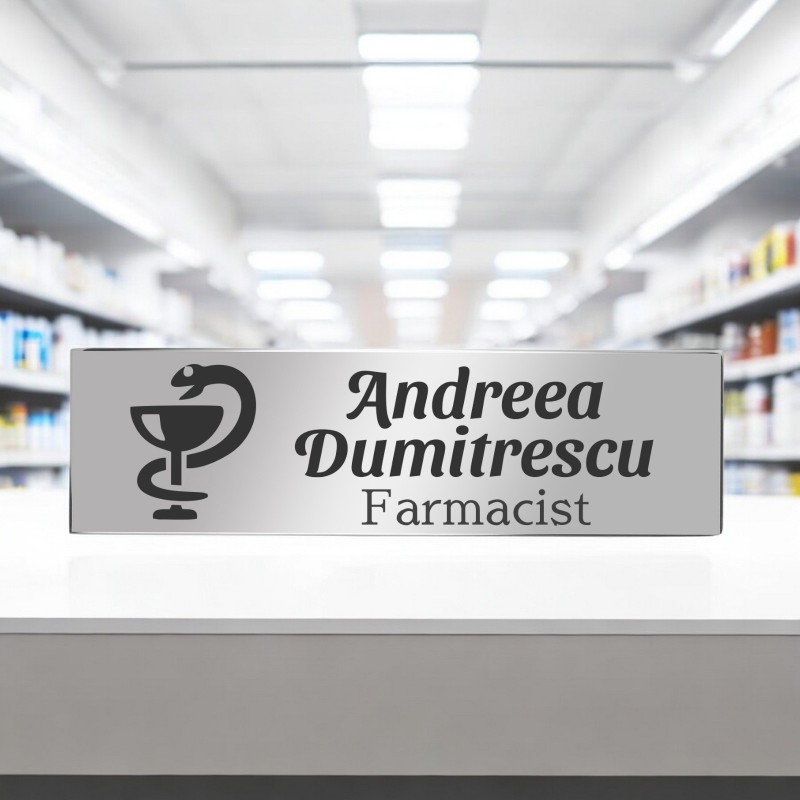 Ecuson Personalizat Inox Argintiu Nume Farmacist
