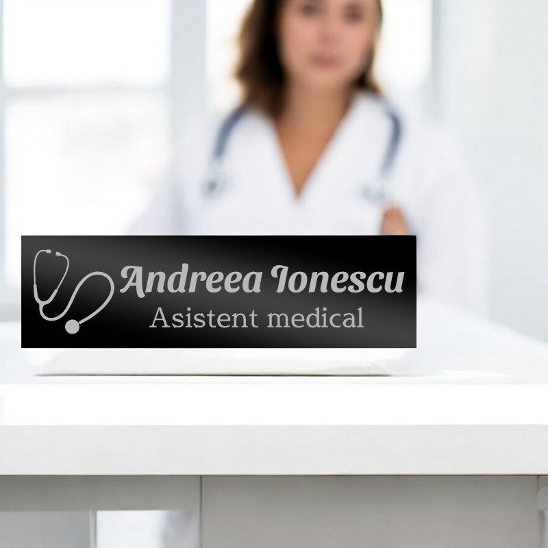 Ecuson Personalizat Inox Negru Nume Asistent Medical