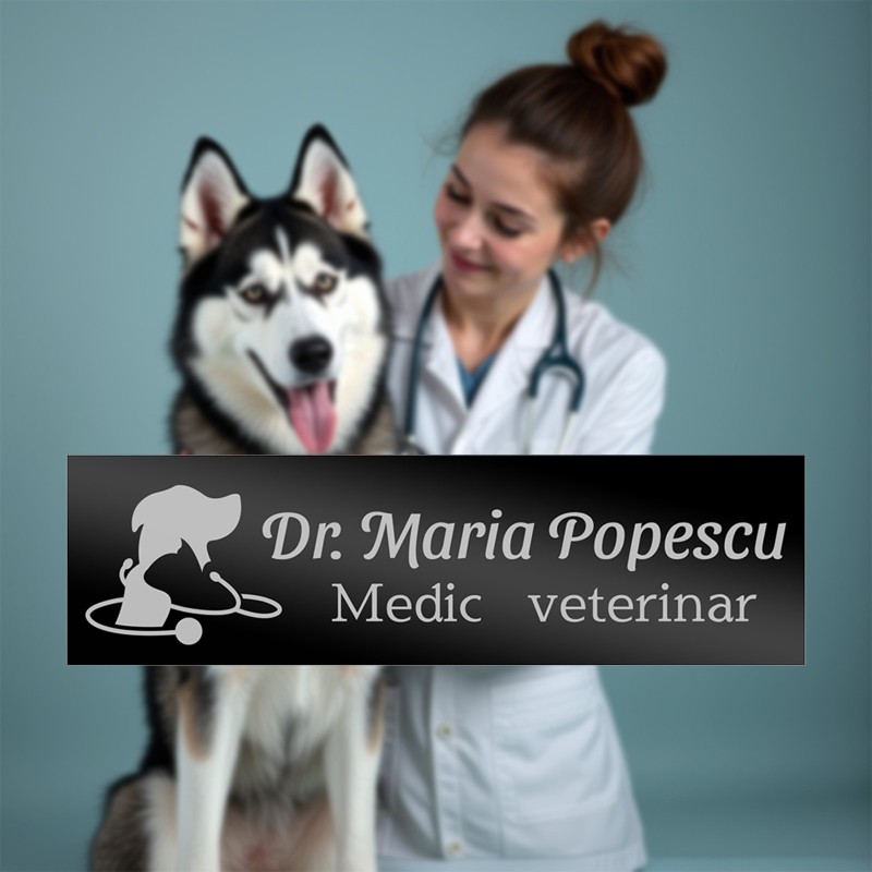 Ecuson Personalizat Inox Negru Nume Doctor Veterinar