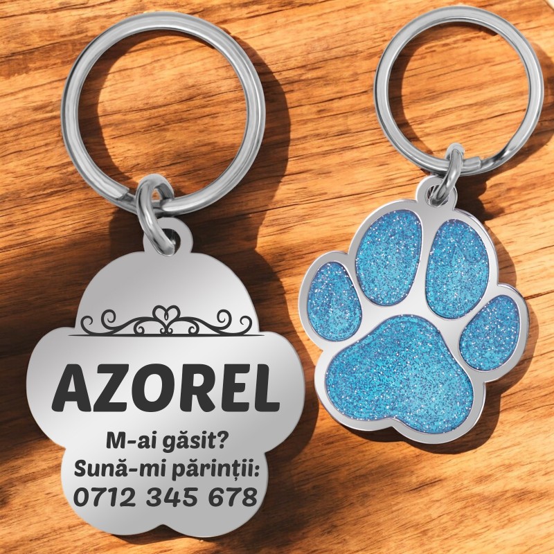 Medalion Personalizat Labuta Bleu Inox Argintiu Nume Numar de telefon