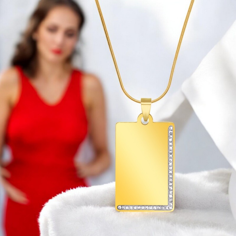                  Colier Personalizat Dreptunghi Pietre Inox Auriu Lantisor Tub Poza Pisica Caine
               