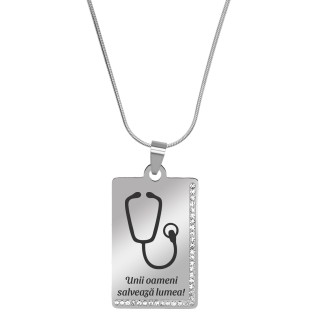 Colier Personalizat Dreptunghi Pietre Inox Argintiu Lantisor Tub Doctor