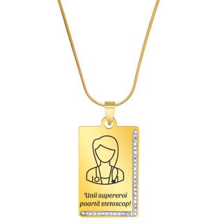 Colier Personalizat Dreptunghi Pietre Inox Auriu Lantisor Tub Doctor