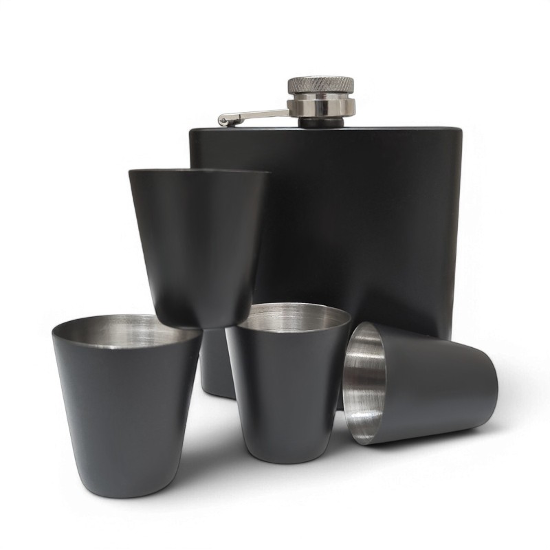 Set Cadou Pahare si Sticla de buzunar Personalizata Inox Negru Tava 200ml Avocat