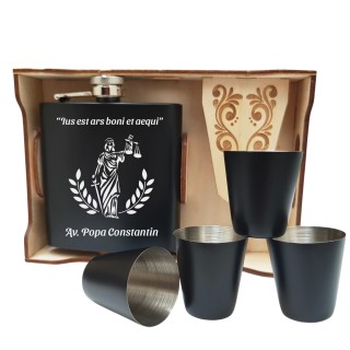 Set Cadou Pahare si Sticla de buzunar Personalizata Inox Negru Tava 200ml Avocat