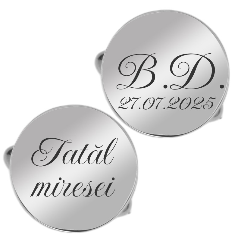                  Butoni personalizati Rotund Inox Argintiu Data si Initiale Nuntasi
               