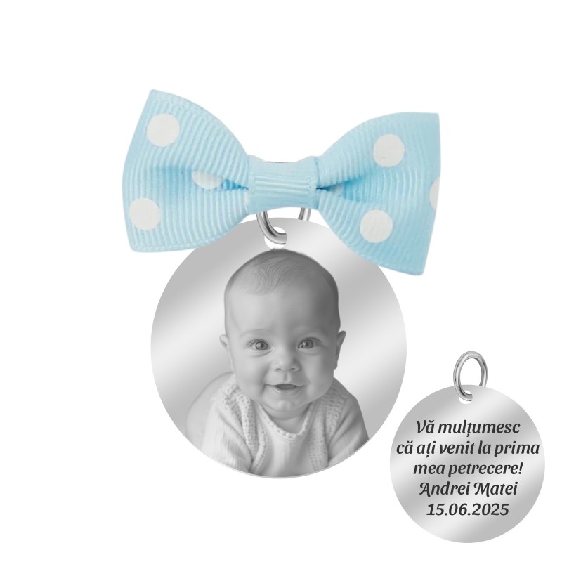                  Marturie Personalizata Pandantiv Inox Argintiu Baiat Poza Nume Data
               