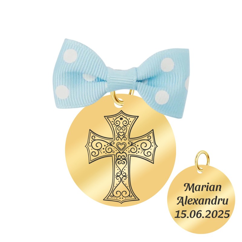                  Marturie Personalizata Pandantiv Inox Auriu Baiat Cruciulita Nume Data
               
