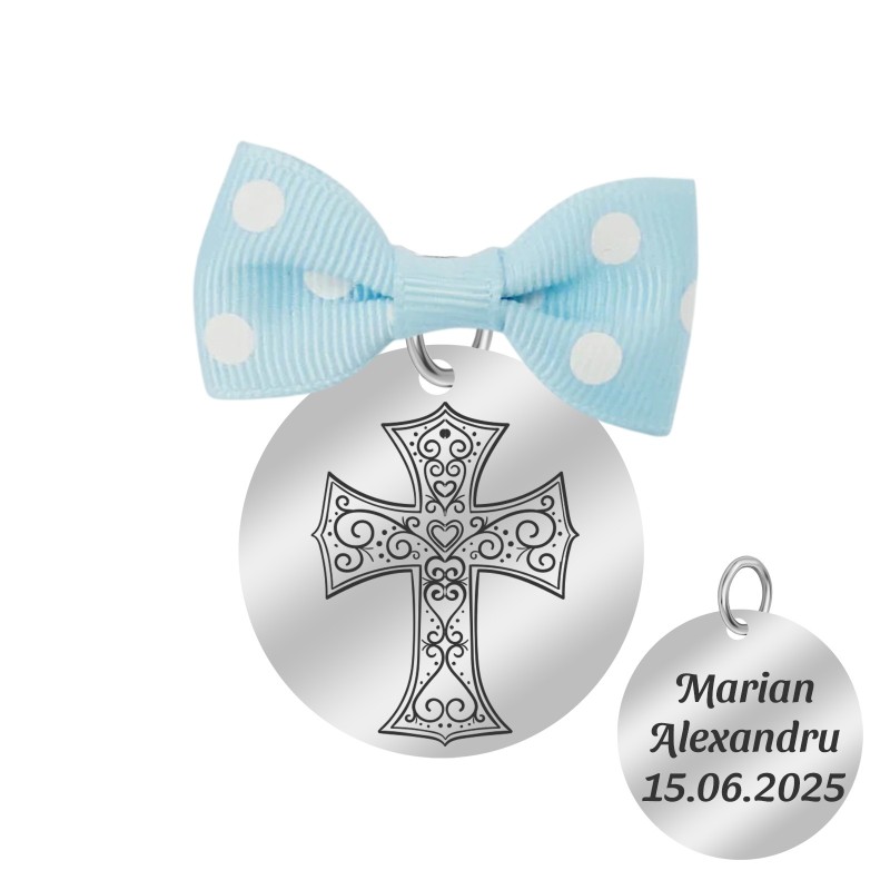 Marturie Personalizata Pandantiv Inox Argintiu Baiat Cruciulita Nume Data