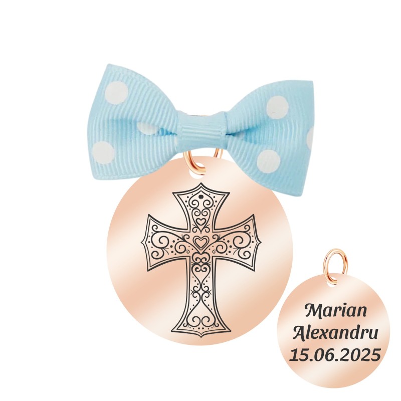 Marturie Personalizata Pandantiv Inox Rose Gold Baiat Cruciulita Nume Data