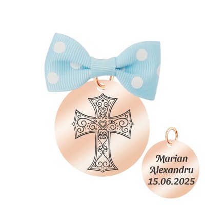 Marturie Personalizata Pandantiv Inox Rose Gold Baiat Cruciulita Nume Data