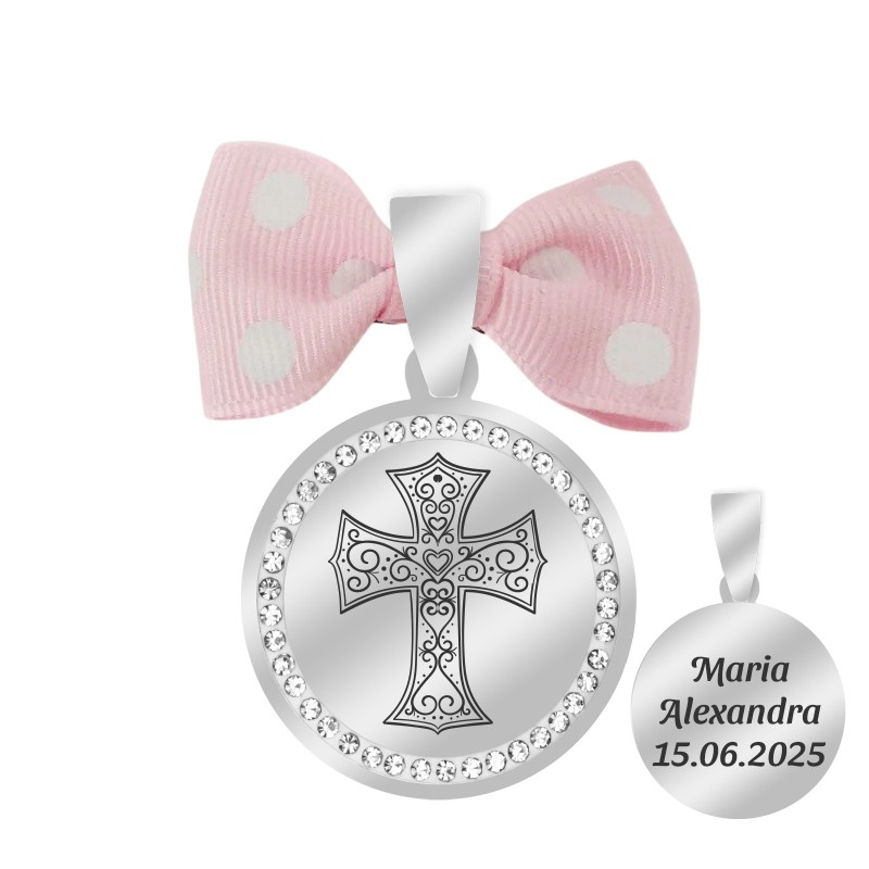                  Marturie Personalizata Pandantiv Inox Argintiu Pietre Fetita Cruciulita Nume Data
               