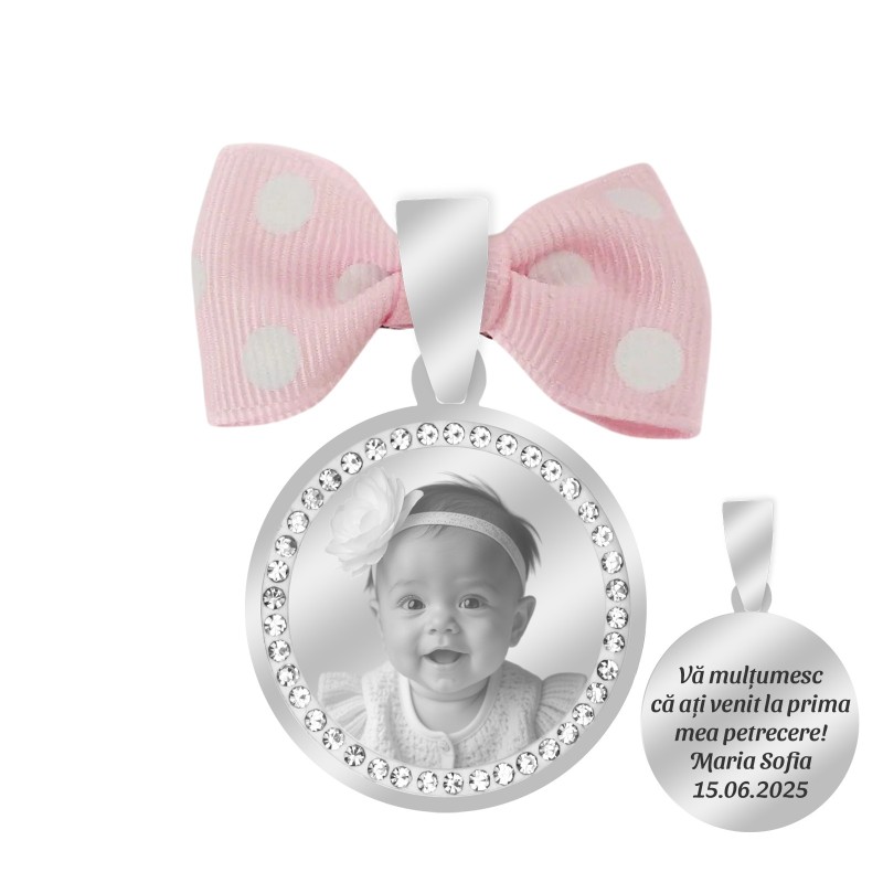                  Marturie Personalizata Pandantiv Inox Argintiu Pietre Fetita Poza Nume Data
               