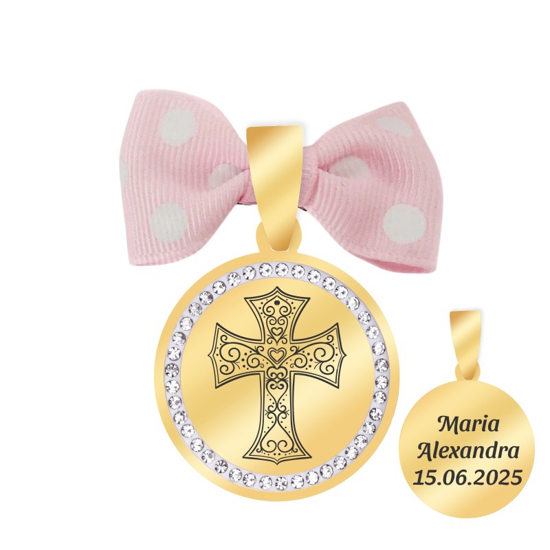                  Marturie Personalizata Pandantiv Inox Auriu Pietre Fetita Cruciulita Nume Data
               