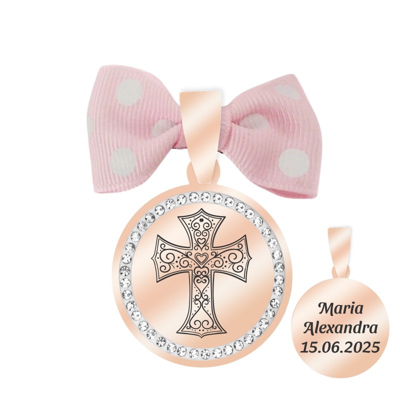                  Marturie Personalizata Pandantiv Inox Rose Gold Pietre Fetita Cruciulita Nume Data
               