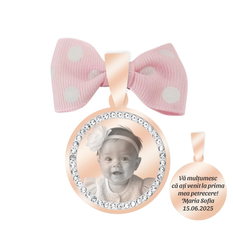                 Marturie Personalizata Pandantiv Inox Rose Gold Pietre Fetita Poza Nume Data
               