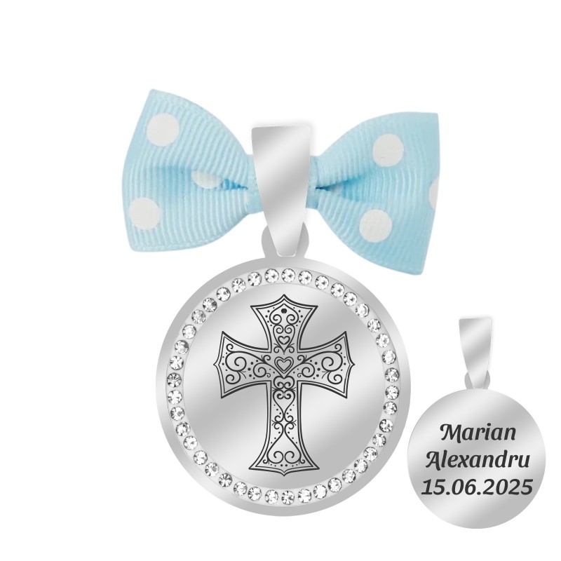                  Marturie Personalizata Pandantiv Inox Argintiu Pietre Baiat Cruciulita Nume Data
               