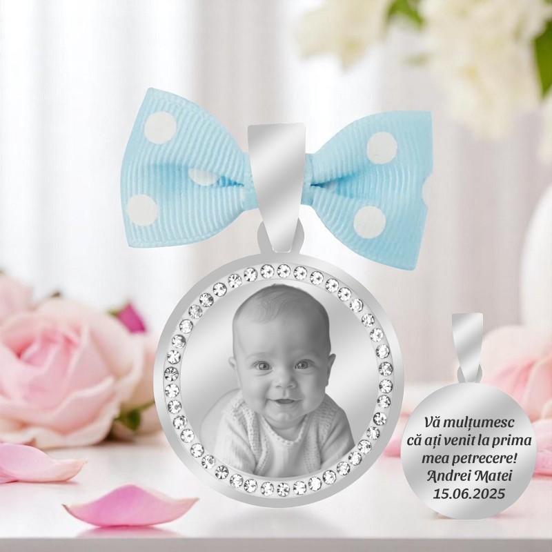Marturie Personalizata Pandantiv Inox Argintiu Pietre Baiat Poza Nume Data