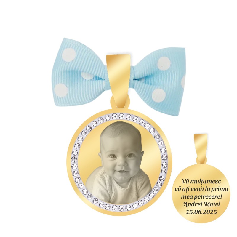                  Marturie Personalizata Pandantiv Inox Auriu Pietre Baiat Poza Nume Data
               