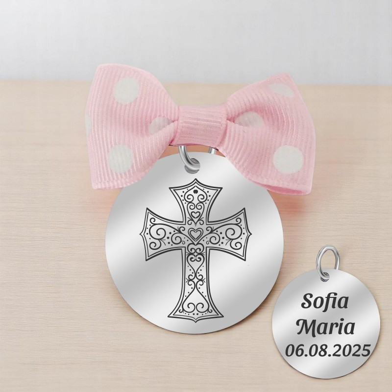 Marturie Personalizata Pandantiv Inox Argintiu Fetita Cruciulita Nume Data