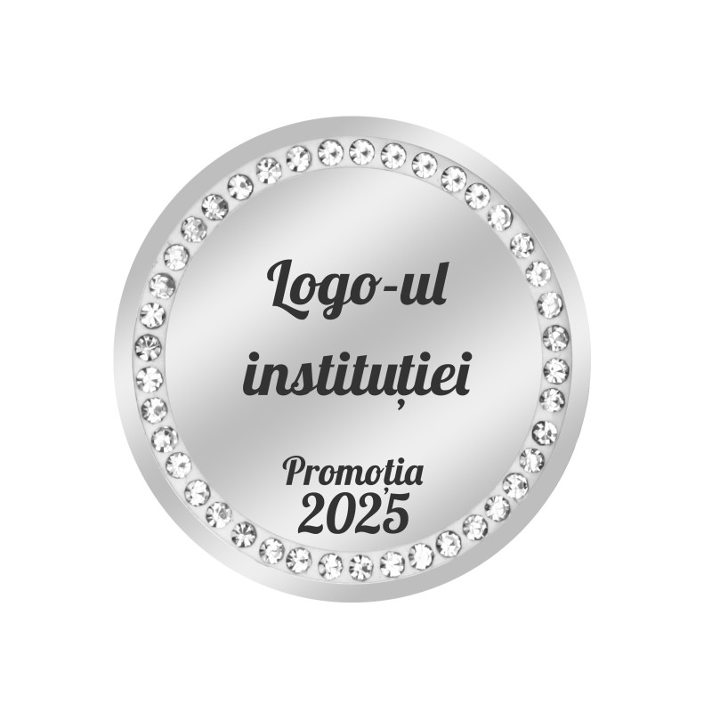                  Insigna Personalizata Inox Argintiu cu Pietre An si Logo Institutie
               