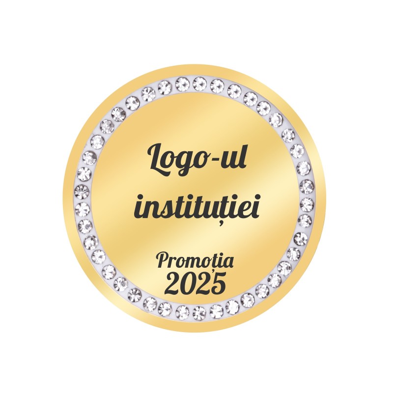                  Insigna Personalizata Inox Auriu cu Pietre An si Logo Institutie
               