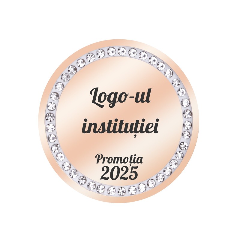Insigna Personalizata Inox Rose Gold cu Pietre An si Logo Institutie