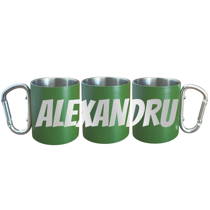                  Cana Personalizata cu Carabiniera Inox Kaki Numele tau
               