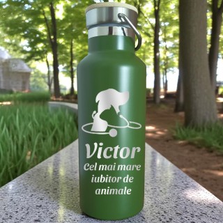 Termos Personalizat Capac Bambus Inox Kaki Simbol Nume si Mesaj