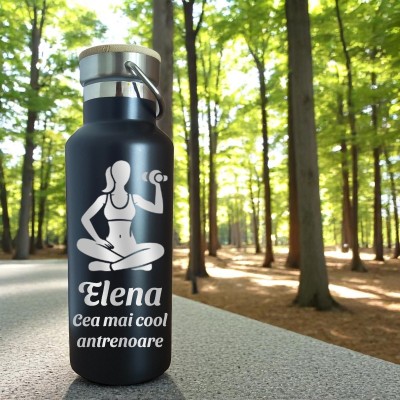 Termos Personalizat Capac Bambus Inox Negru Simbol Nume si Mesaj