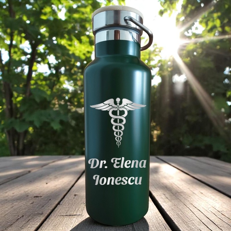 Termos Personalizat Capac Bambus Inox Verde Simbol Nume si Mesaj