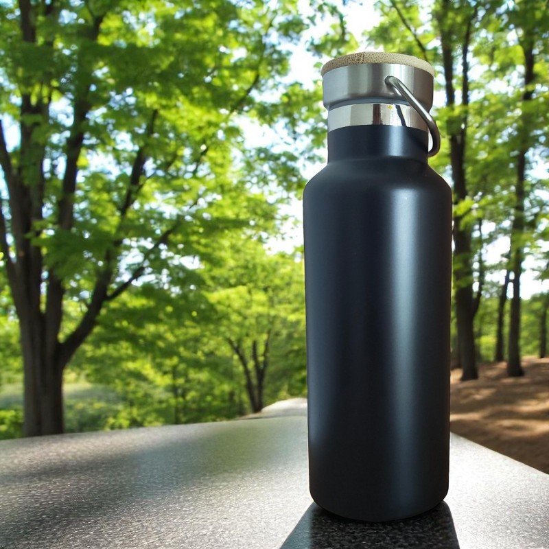 Termos Personalizat Capac Bambus Inox Negru mesaj