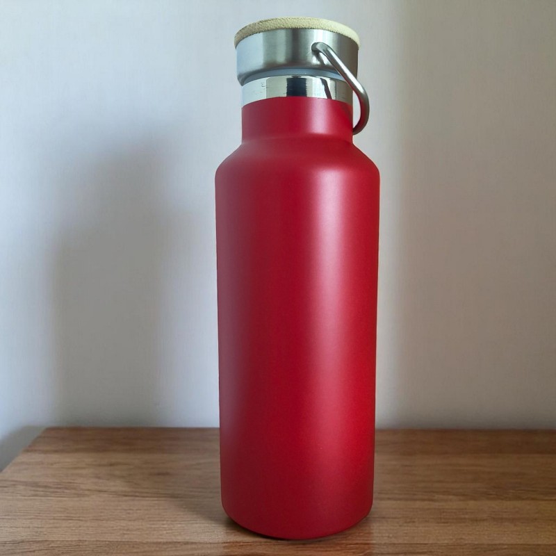 Termos Personalizat Capac Bambus Inox Rosu Mesaj