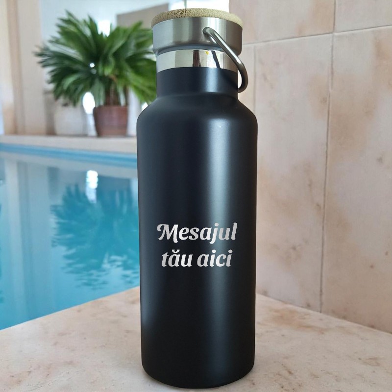 Termos Personalizat Capac Bambus Inox Negru mesaj