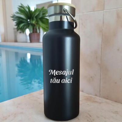 Termos Personalizat Capac Bambus Inox Negru mesaj