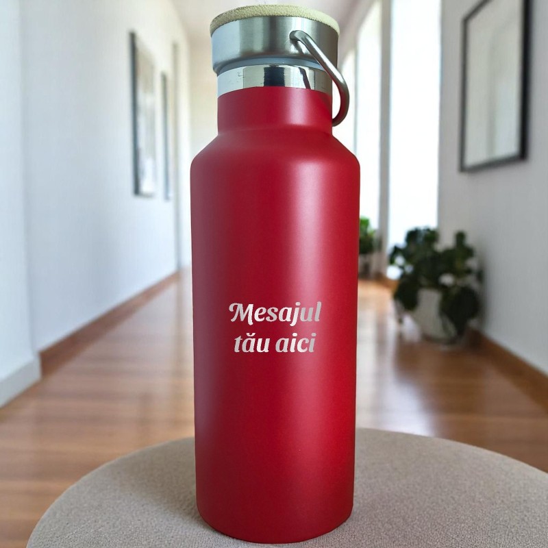 Termos Personalizat Capac Bambus Inox Rosu Mesaj