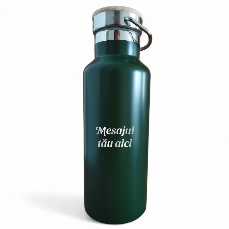 Termos Personalizat Capac Bambus Inox Verde Mesaj
