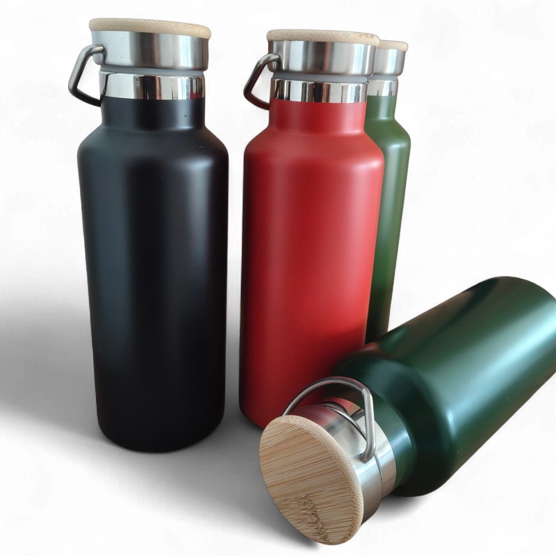 Termos Personalizat Capac Bambus Inox Negru Logo Companie