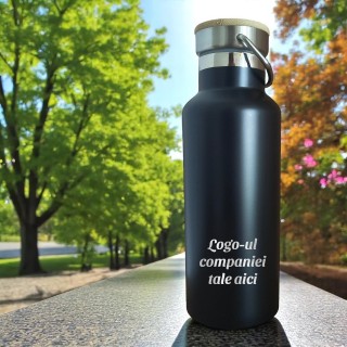 Termos Personalizat Capac Bambus Inox Negru Logo Companie