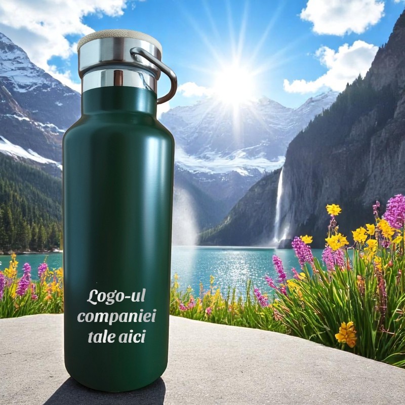 Termos Personalizat Capac Bambus Inox Verde Logo Companie