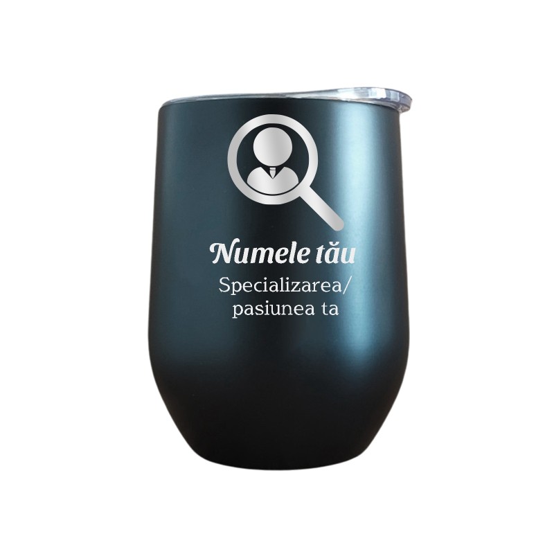 Termos Personalizat Pahar de Vin cu Capac Inox Negru Simbol Nume Functie