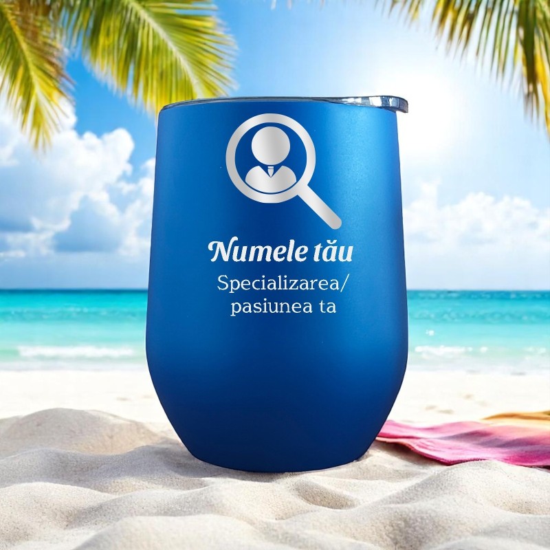 Termos Personalizat Pahar de Vin cu Capac Inox Albastru Simbol Nume Functie