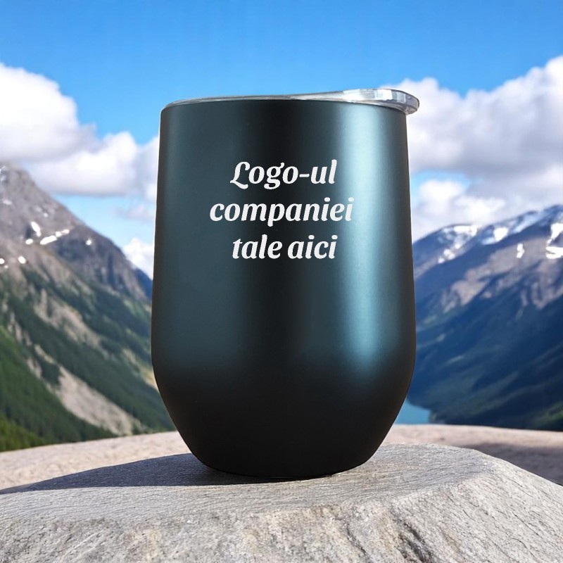                  Termos Personalizat Pahar de Vin cu Capac Inox Negru Logo Companie
               